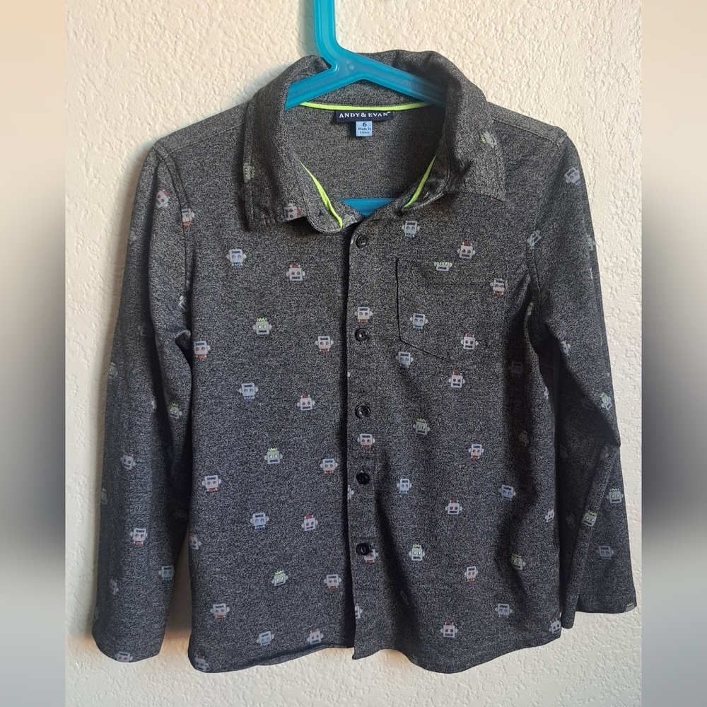 Andy & Evan Boys Gray Robot Button Down Longsleeve Size 6